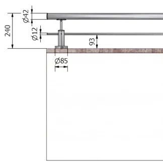 Parapetto balaustra in acciaio AISI con montanti tondi H 240 mm un passante attacco pavimento