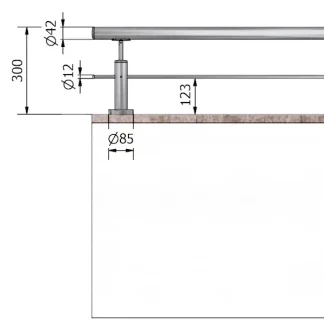 Parapetto balaustra in acciaio AISI con montanti tondi H 300 mm un passante attacco pavimento