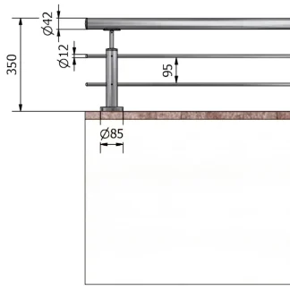 Parapetto balaustra in acciaio AISI con montanti tondi H 350 mm due passanti attacco pavimento