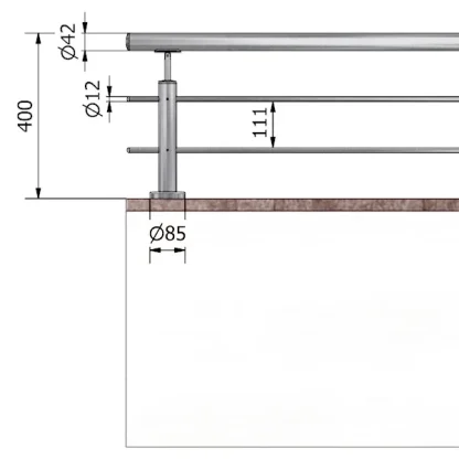 Parapetto balaustra in acciaio AISI con montanti tondi H 400 mm due passanti attacco pavimento