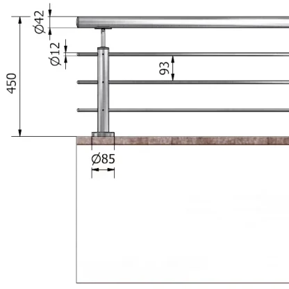 Parapetto balaustra in acciaio AISI con montanti tondi H 450 mm tre passanti attacco pavimento