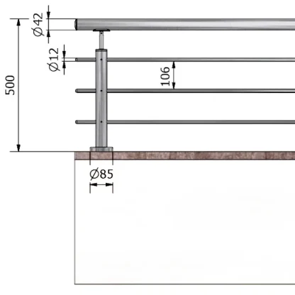 Parapetto balaustra in acciaio AISI con montanti tondi H 500 mm tre passanti attacco pavimento