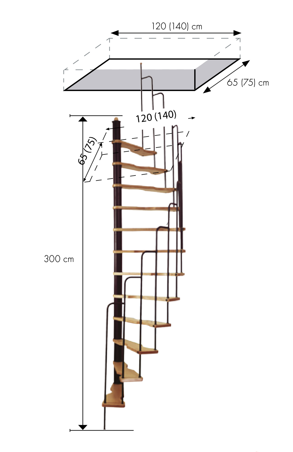 Scala a chiocciola salvaspazio suono 65 x 120 misure