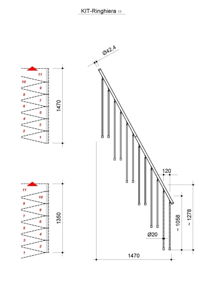 Kit ringhiera per 11 gradini T20